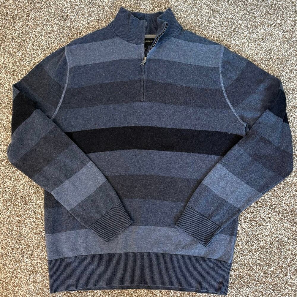 Banana Republic Mens M Blue Stripe 1/4 Zip 100% Cotton Sweater Preppy Academia